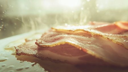 A mouthwatering close-up of sizzling bacon strips on a plate, showcasing the juicy texture and steam, perfect for a culinary themed food project or a delicious recipe.の素材
