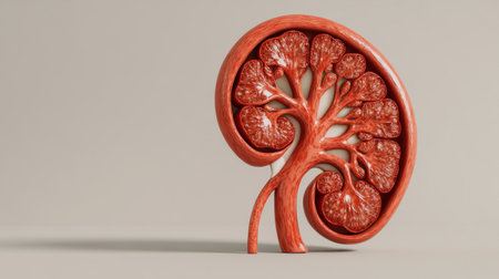 A detailed 3D representation of a kidney that showcases its anatomical structure, ideal for educational purposes in medical and biological fields.の素材
