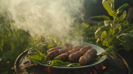 Grilled sausages emit smoky flavors while resting on a plate filled with fresh herbs, showcasing a delightful outdoor cooking scene surrounded by lush greenery.の素材