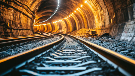 A captivating view of railway tracks bending through a dark tunnel, enhanced by warm yellow lights illuminating the stone walls, creating an intriguing atmosphere.の素材