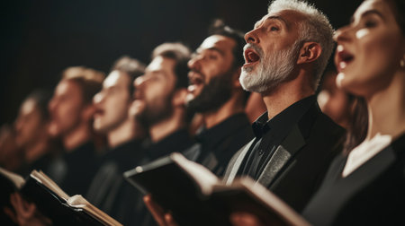 A vibrant choir performs passionately, showcasing the joy of music and unity among singers in a captivating live setting filled with emotion and artistry.の素材