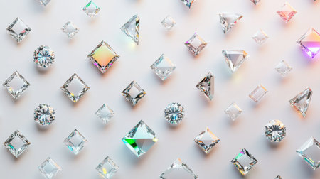 An artistic display of various crystal shapes reflecting light and color, perfect for inspirations in design, decor, or photography showcasing elegance and beauty in every detail.の素材