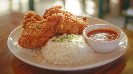 Delight in the crispy texture of fried chicken paired with fluffy white rice and a spicy dipping sauce, perfect for any comfort meal in a cozy dining atmosphere.の素材