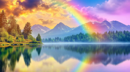 A breathtaking scene of a tranquil lake reflecting a stunning rainbow and majestic mountains under a colorful sunset, showcasing the beauty of natureの素材