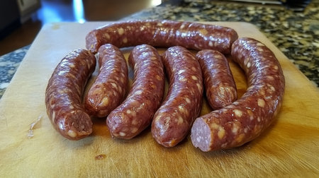A collection of freshly made sausages resting on a wooden board, showcasing their rich texture and color. Perfect for cooking and preparing delicious meals in a home kitchen.の素材