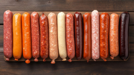 This vibrant wooden board features a colorful selection of sausages, perfect for culinary inspiration, food styling, and showcasing diverse textures for various dishes and recipes.の素材