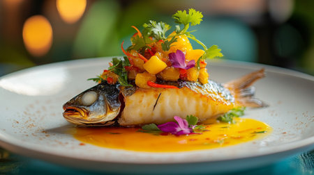 This visually stunning dish features grilled fish topped with tropical salsa and vibrant edible flowers, showcasing a fusion of flavors and artistic presentation perfect for any dining experience.の素材