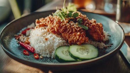 A mouthwatering dish featuring crispy fried chicken atop fluffy rice, complemented by fresh cucumbers and spicy red chili, perfect for food lovers and culinary enthusiasts.の素材