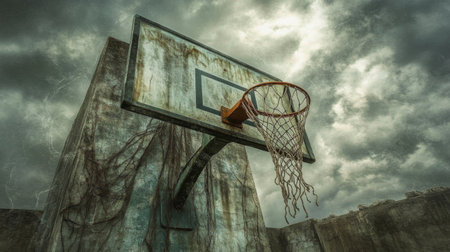 An abandoned basketball hoop stands alone against a dark, stormy sky, symbolizing nostalgia and forgotten joy in a deteriorating urban environment.の素材