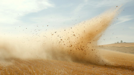 A dramatic dust storm creates swirling clouds of dirt over a golden wheat field. This striking image captures the dynamic interplay of rural agriculture and environmental conditions.の素材
