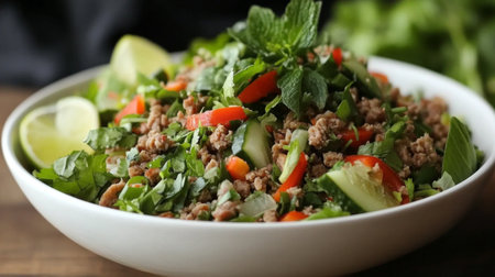 A vibrant salad featuring fresh herbs, ground meat, and colorful bell peppers, garnished with lime, perfect for a healthy meal or side dish. A burst of flavor awaits!の素材