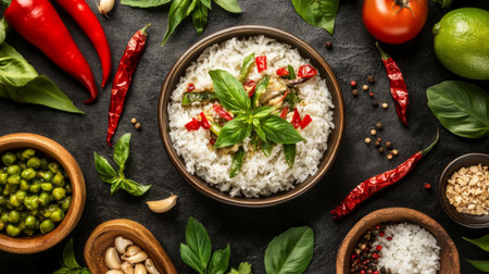A beautiful rice bowl garnished with fresh herbs and surrounded by colorful vegetables and spices, perfect for showcasing healthy meal preparation and culinary creativity.の素材