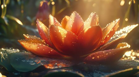 A mesmerizing close-up of a water lily basking in warm morning light, adorned with glistening dew drops, creating a serene and tranquil atmosphere in a lush pond setting.の素材