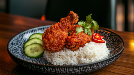 Delight in this beautifully presented crispy fried chicken drumstick resting on fluffy steamed rice, complemented by fresh cucumber slices and spicy red chili.の素材