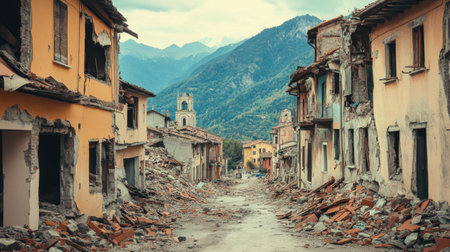 A haunting view of a ruined town, highlighting the effects of natural disasters on architecture and landscapes, surrounded by majestic mountains under a moody sky.の素材