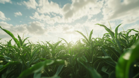 This image captures a vibrant green cornfield under a bright sky, with sunlight filtering through clouds, showcasing the beauty and vitality of agricultural landscapes.の素材