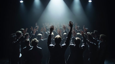 A powerful scene of individuals raising their hands toward a spotlight, embodying themes of unity and hope in a dramatic performance setting with shadows and contemporary mood.の素材