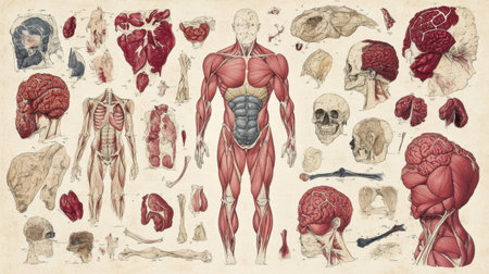 Explore a detailed vintage illustration showcasing the human body's anatomy, featuring muscles, organs, and brain structures for educational insights and artistic appreciation.の素材