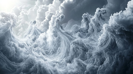 A stunning display of turbulent clouds resembling chaotic waves in a stormy atmosphere, evoking a sense of mystery and natural beauty through dynamic light and texture.の素材