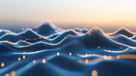 A beautiful abstract representation of digital waves illuminated by glowing particles at sunrise, symbolizing technology and modern design in a serene aesthetic.の素材
