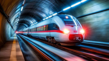 A sleek high-speed train races through a modern tunnel, highlighting the blend of technology and speed in urban transport, with a vibrant display of lights and motion.の素材