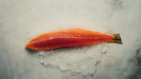 A stunning raw salmon fillet rests on a bed of ice, showcasing its vibrant orange hue and smooth texture, ideal for culinary creations or healthy dining options.の素材