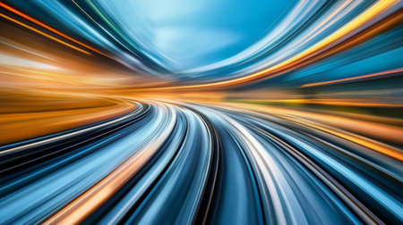 An abstract representation of speed and motion featuring vibrant light streaks and curves. This dynamic image evokes a sense of fast-paced movement and modern exploration.の素材