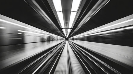 Captivating abstract image showcasing a subway train in motion, emphasizing speed and modern design through striking lines and light patterns in an urban station.の素材