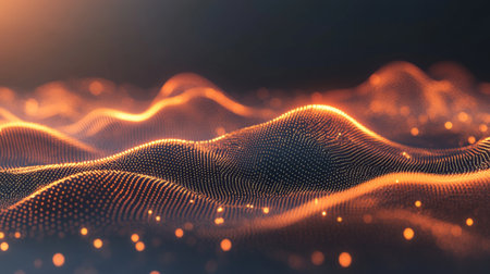 A captivating digital artwork depicting abstract wave patterns illuminated by warm orange hues, evoking a sense of movement, depth, and tranquility in a modern aesthetic.の素材