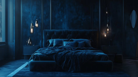 A stunning modern bedroom design showcasing deep blue tones, elegant lighting fixtures, and plush textiles creating a cozy and inviting atmosphere for relaxation.の素材