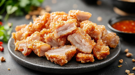 A tempting arrangement of crispy fried pork belly pieces on a dark plate, complemented by a vibrant dipping sauce and fresh herbs, perfect for culinary enjoyment.の素材