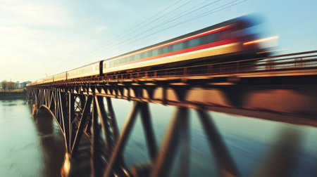 A striking image of a train moving rapidly across a bridge above water, highlighting the concept of transportation and the vibrant energy of city life.の素材