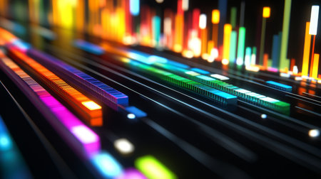 This captivating abstract digital artwork features colorful sound waves and glowing bars that illustrate the essence of music and technology in a vibrant visual experience.の素材