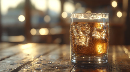 A refreshing glass of dark beer filled with ice cubes rests on a wooden table, capturing warm ambient light, ideal for beverage advertising and relaxing moments.の素材