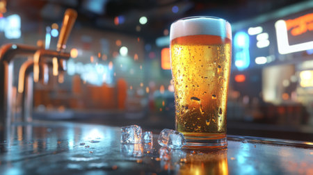 A visually captivating image of a cold glass of beer sitting on a bar counter, showcasing condensation and ice cubes, perfect for representing social gatherings and nightlife.の素材