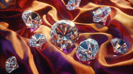 A stunning display of sparkling diamonds arranged on a rich, colorful fabric surface, showcasing their brilliance and beauty through exquisite light reflection.の素材