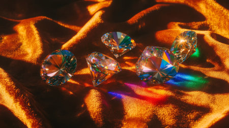 A stunning array of sparkling crystal diamonds arranged on a shiny copper fabric, showcasing vibrant reflections and captivating light patterns for a luxurious visual experience.の素材