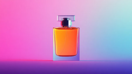 An eye-catching perfume bottle showcasing vibrant orange liquid against a beautiful gradient background in pink and blue, perfect for use in fashion and beauty marketing materials.の素材