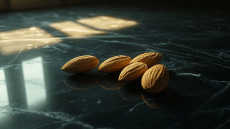 A beautifully composed close-up image of almonds resting on a dark marble surface, accentuated by soft natural light, creating an inviting and elegant food aesthetic.の素材