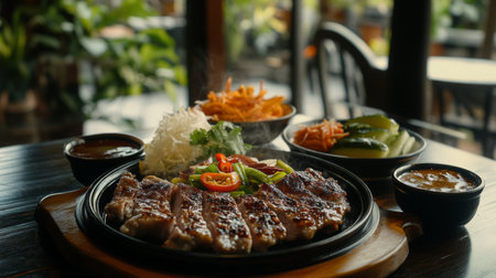 A beautifully arranged grilled chicken platter, featuring fresh vegetables and side dishes on a wooden table, showcases a delicious dining experience in a vibrant restaurant setting.の素材