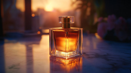 A stunning perfume bottle illuminated by the warm glow of sunset, resting on a marble surface. This image captures the essence of luxury and sophistication in fragrance design.の素材