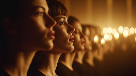 A striking image of women in profile against a softly lit background, creating a serene atmosphere perfect for themes of beauty, emotion, and unity in art and culture.の素材