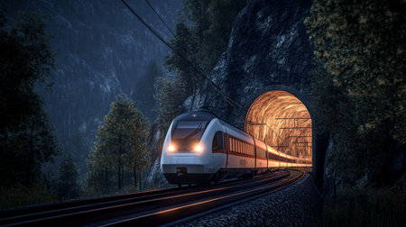 A stunning image of a modern high-speed train exiting a mountain tunnel, surrounded by a lush forest at night, showcasing the harmony between advanced travel and natural beauty.の素材