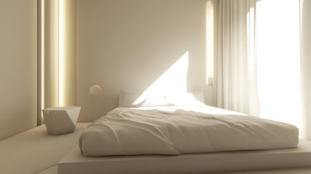 A bright and minimalistic bedroom featuring white bedding and soft curtains, perfect for creating a serene and relaxing atmosphere in modern living environments.の素材