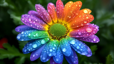 A stunning close-up of a rainbow-colored daisy adorned with water droplets, perfectly highlighting its vibrant beauty against a lush green backdrop, capturing the essence of nature.の素材