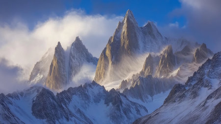 Discover the breathtaking beauty of towering mountain peaks enveloped in mist, highlighting the serene yet fierce nature of high-altitude landscapes. Perfect for outdoor enthusiasts.の素材