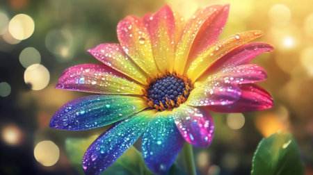 A radiant rainbow flower adorned with sparkling water droplets set against a soft bokeh background, showcasing the enchanting beauty and vibrant colors of nature.の素材