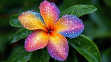 A stunning closeup of a vibrant multicolored flower with glistening raindrops on its petals, surrounded by lush green leaves, creating a serene and beautiful tropical scene.の素材