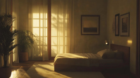 A cozy bedroom scene filled with warm golden light, featuring soft textures, elegant decor, and a lush green plant, creating a tranquil and inviting atmosphere for relaxation and peace.の素材