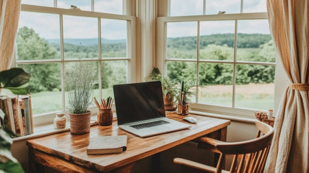 A cozy home office featuring a wooden desk with a laptop, surrounded by plants and books, offering a serene view of the lush green landscape outside the large windows.の素材